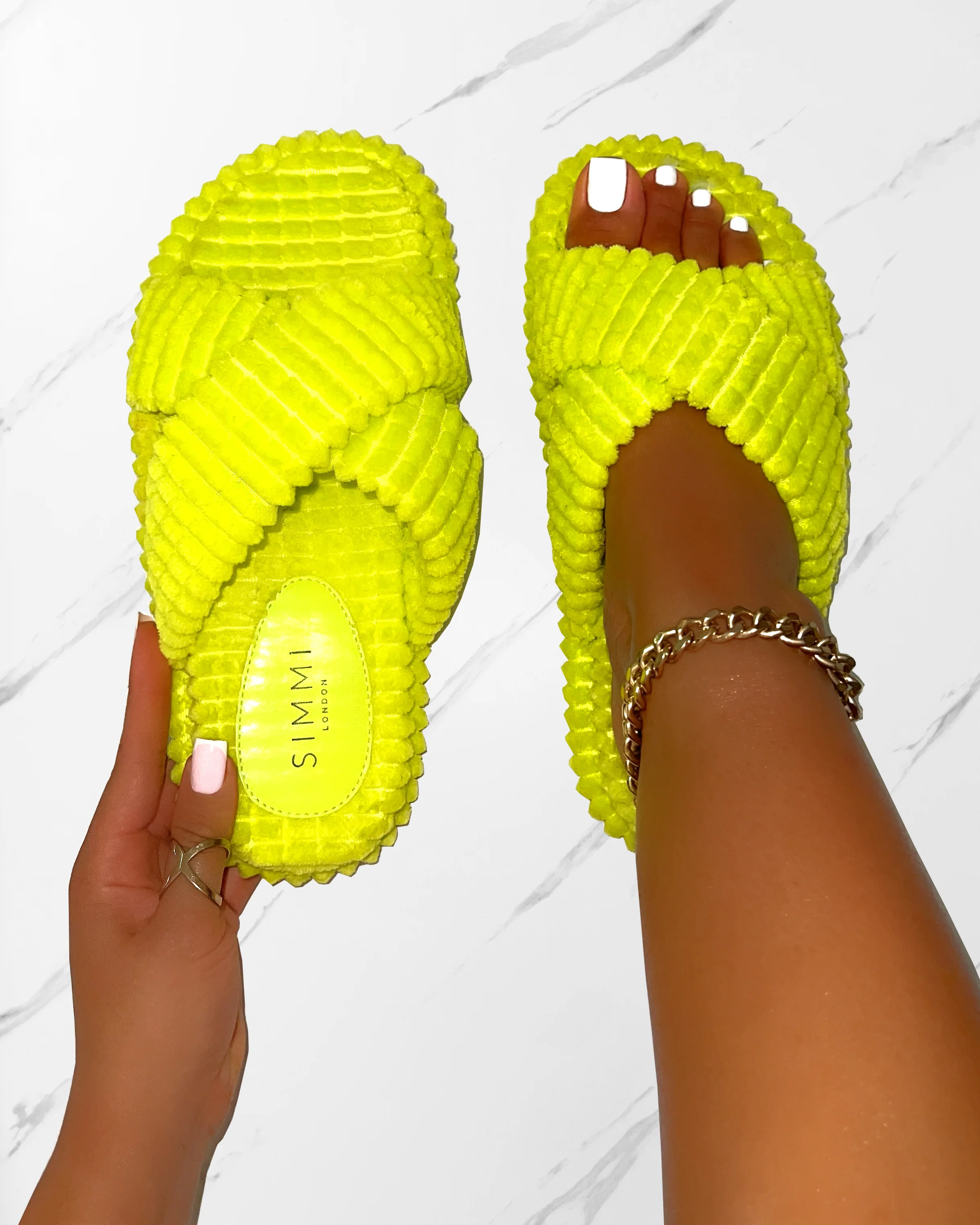 Salty Lime Green Cross Strap Towelling Flat Slides