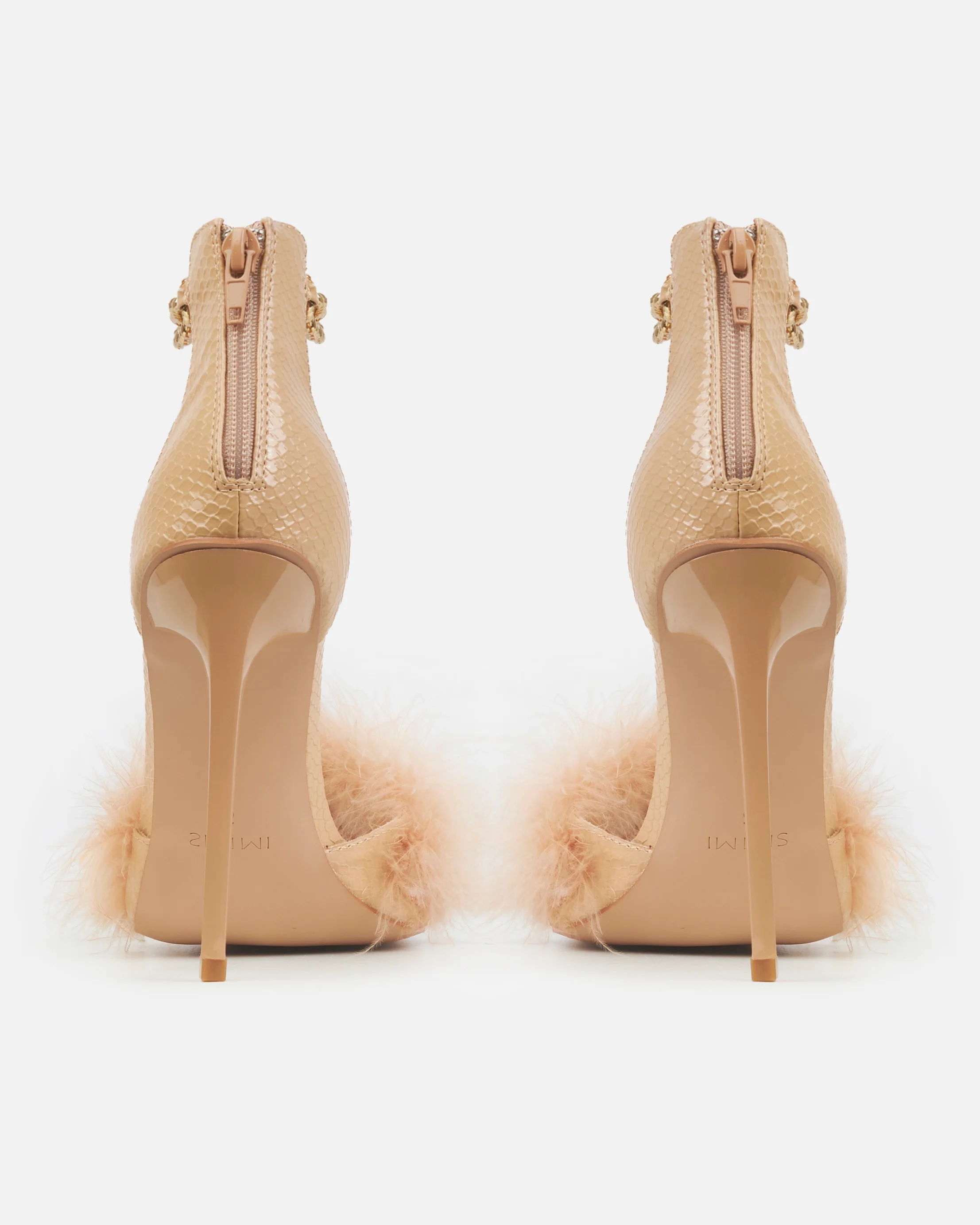 Saphire Nude Faux Snake Fluffy Heeled Sandals With Chains - Image 3