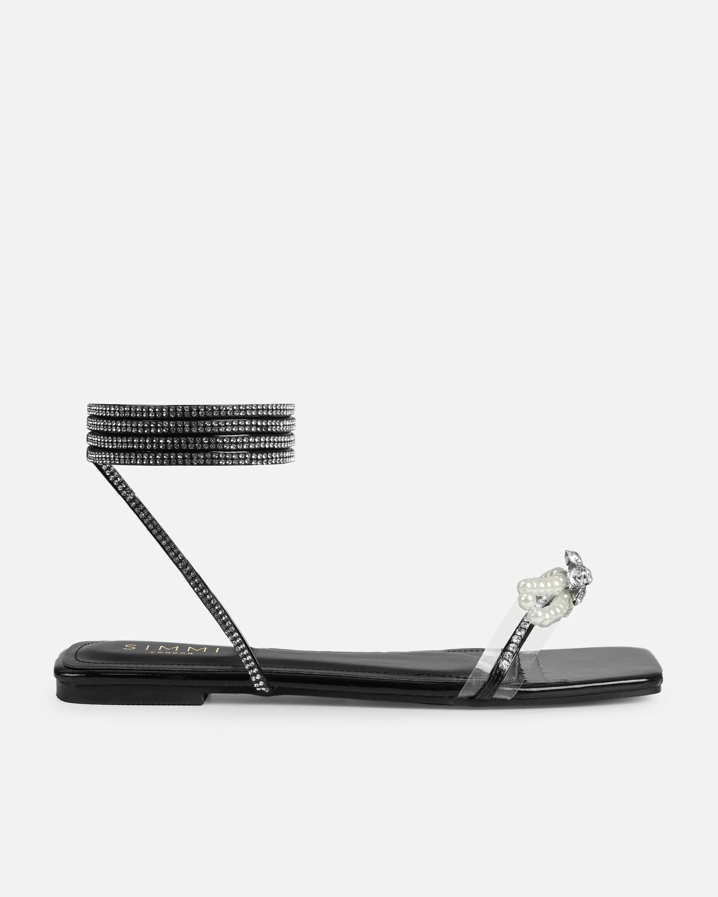 Saturn Black Clear Pearl Bow Lace Up Flat Sandals - Image 2