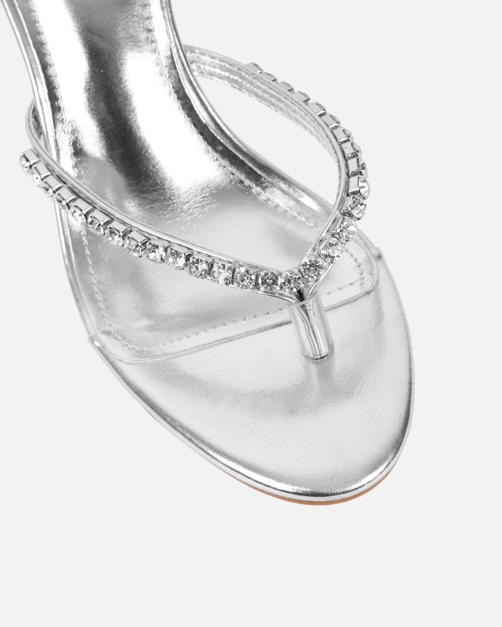Sheen Silver Metallic Diamante Toe Thong Heeled Sandals - Image 4