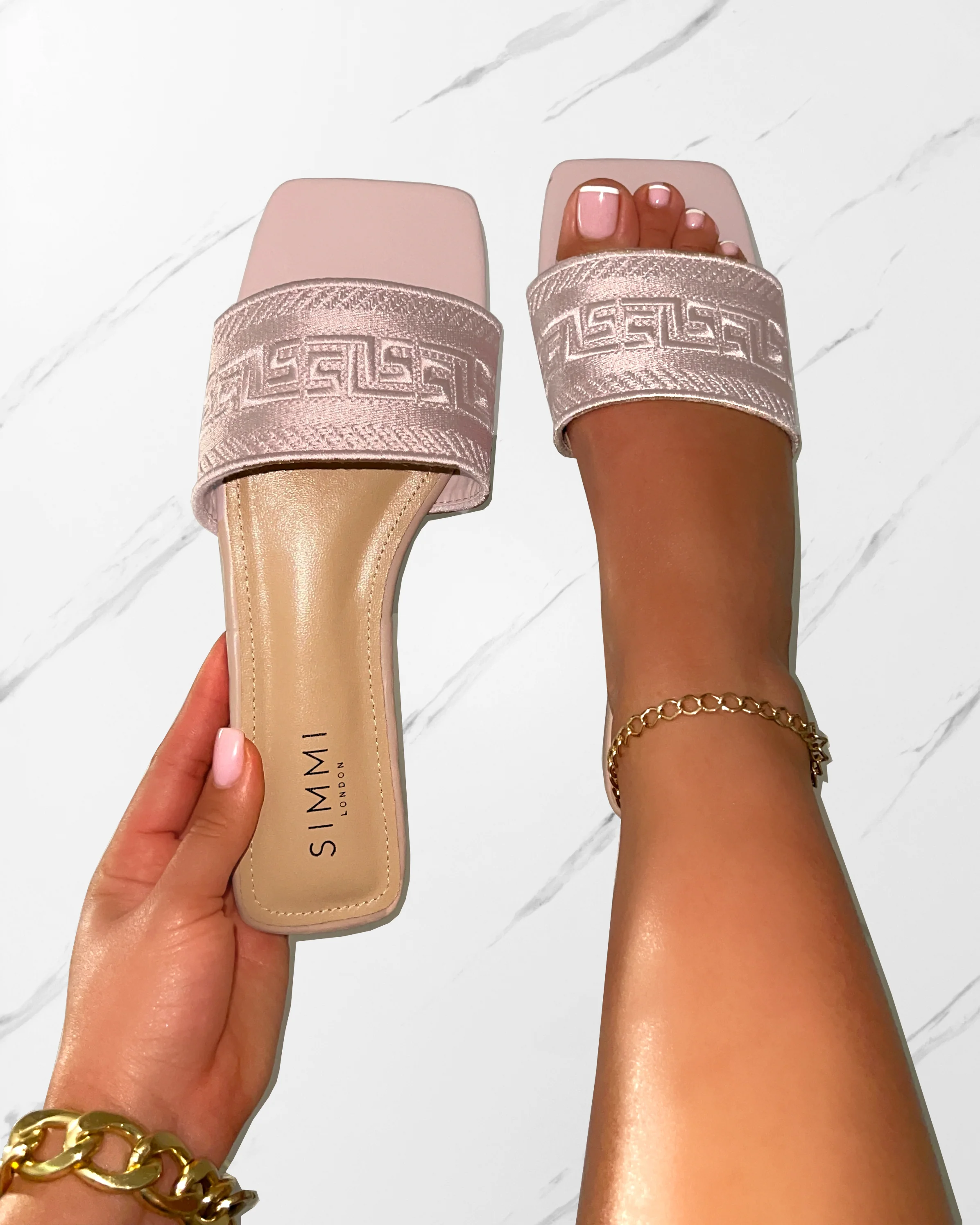 Solene Nude Embroidered Logo Flat Slides