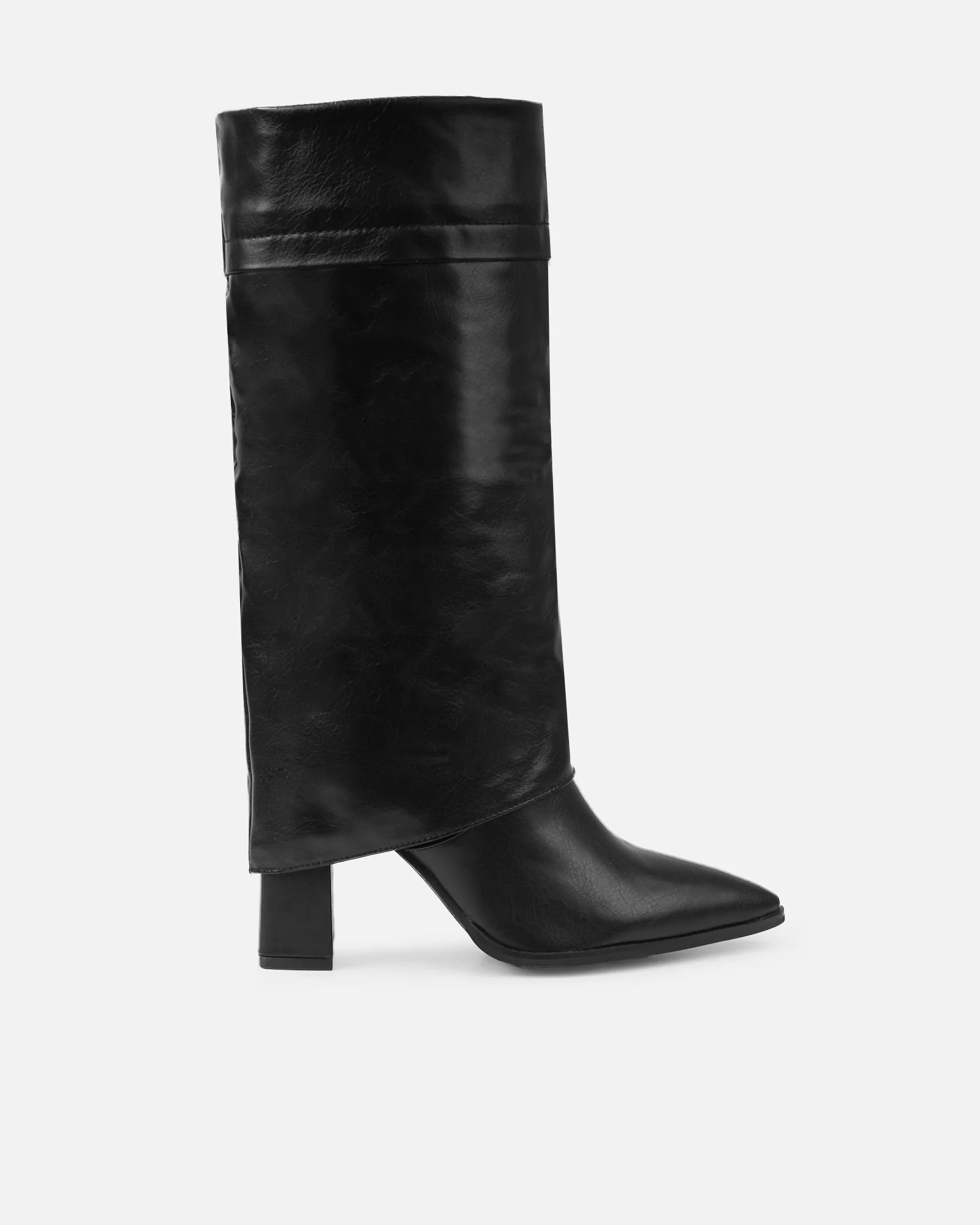 Tamiar Black Fold Over Block Heeled Knee High Boots - Image 2