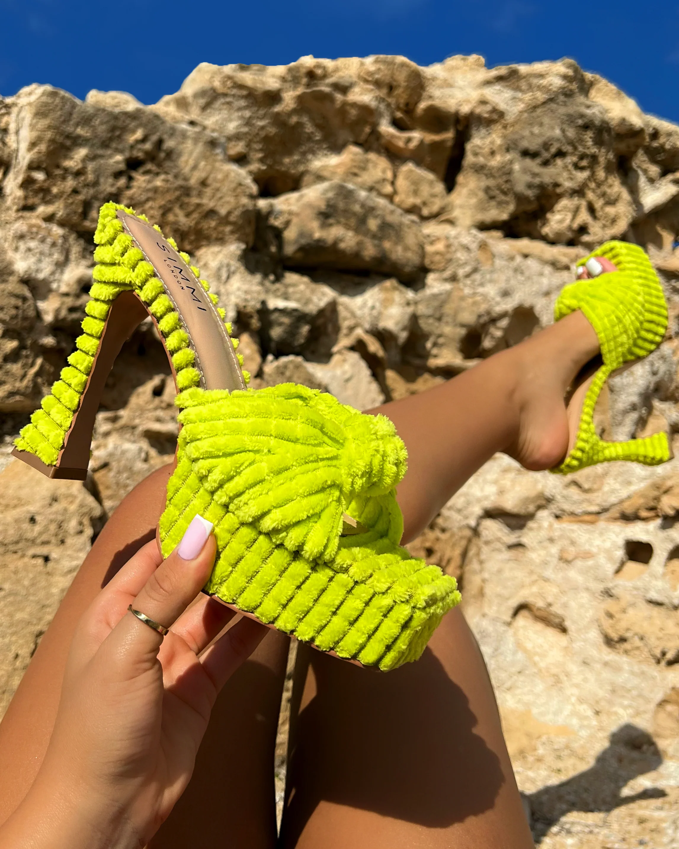 Tasha Ghouri Cedar Lime Green Towelling Knot Platform Mules