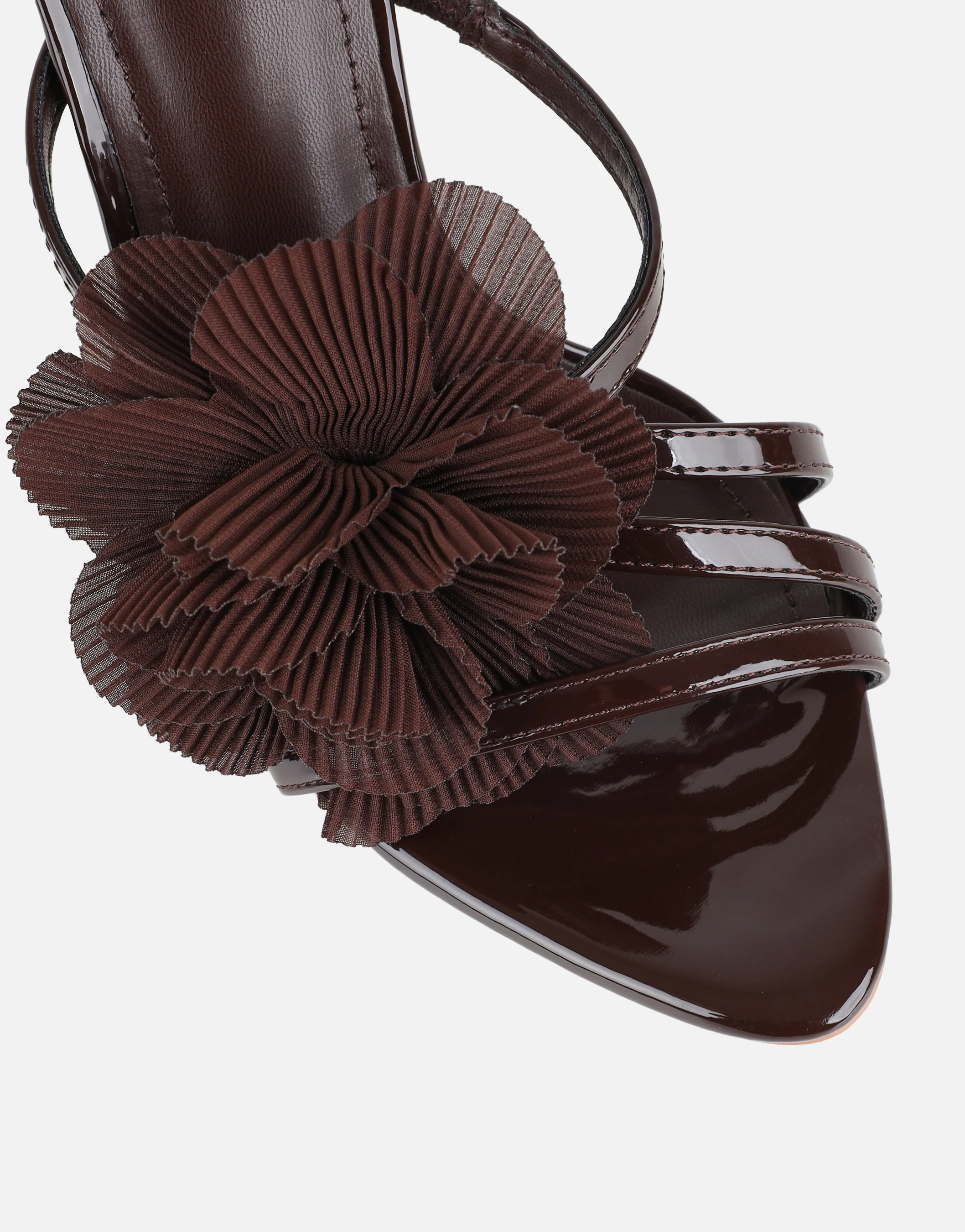 Tina Chocolate Patent Flower Detail Heeled Sandals - Image 4