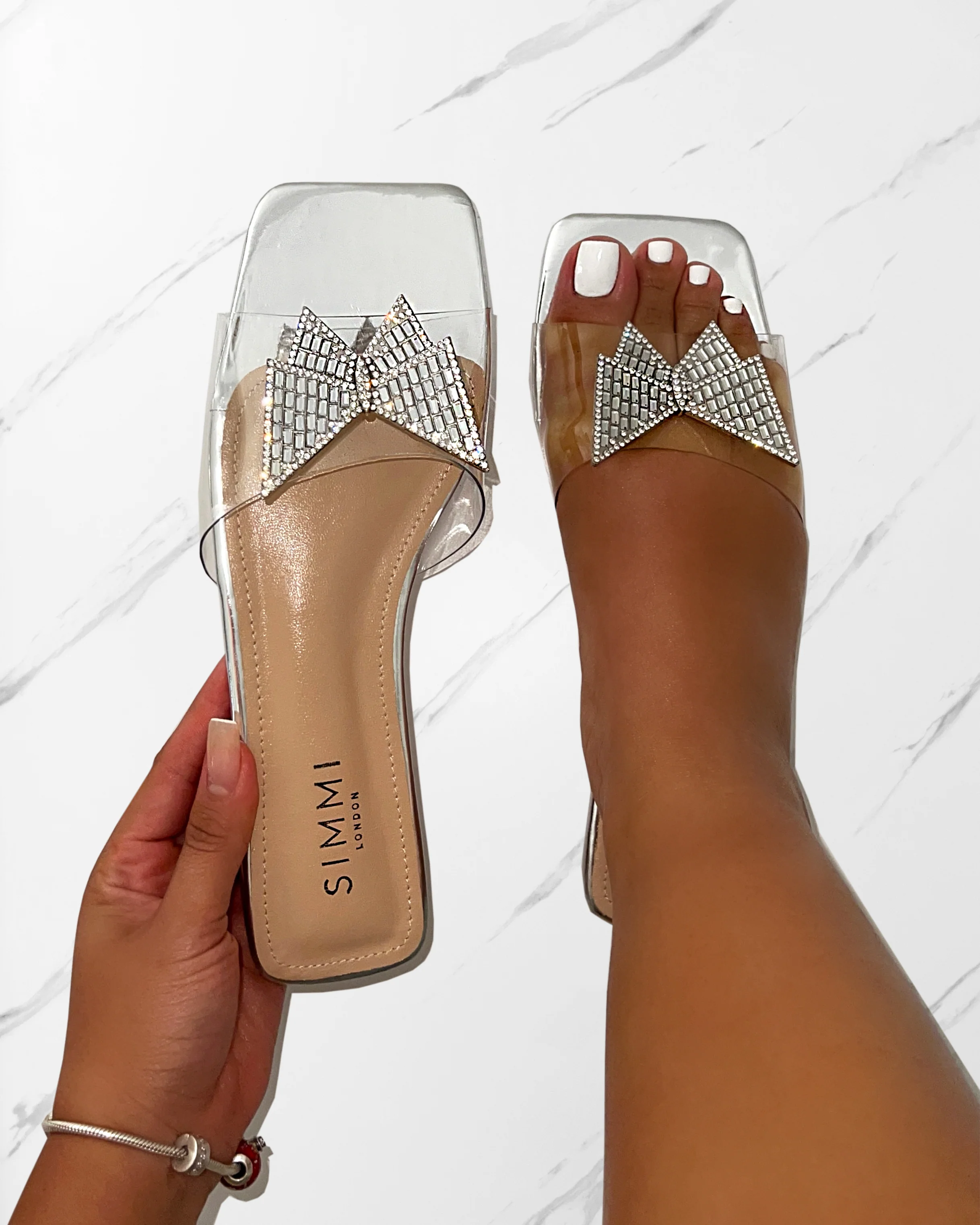 Uma Silver Clear Diamante Butterfly Flat Sandals