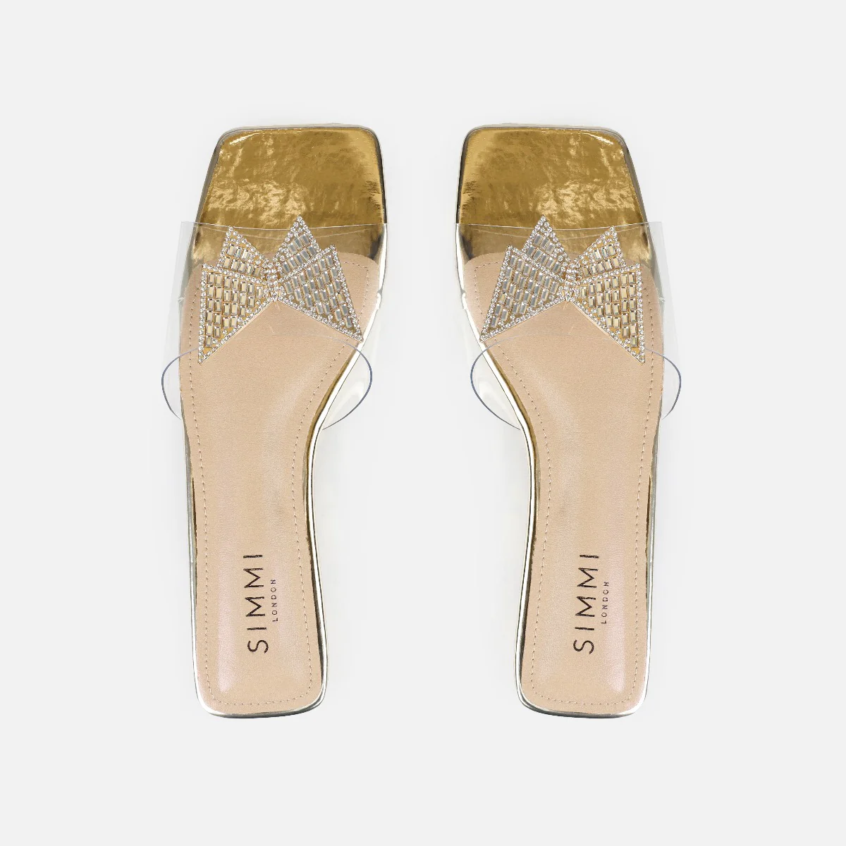 Uma Wide Fit Gold Clear Diamante Butterfly Flat Sandals - Image 3