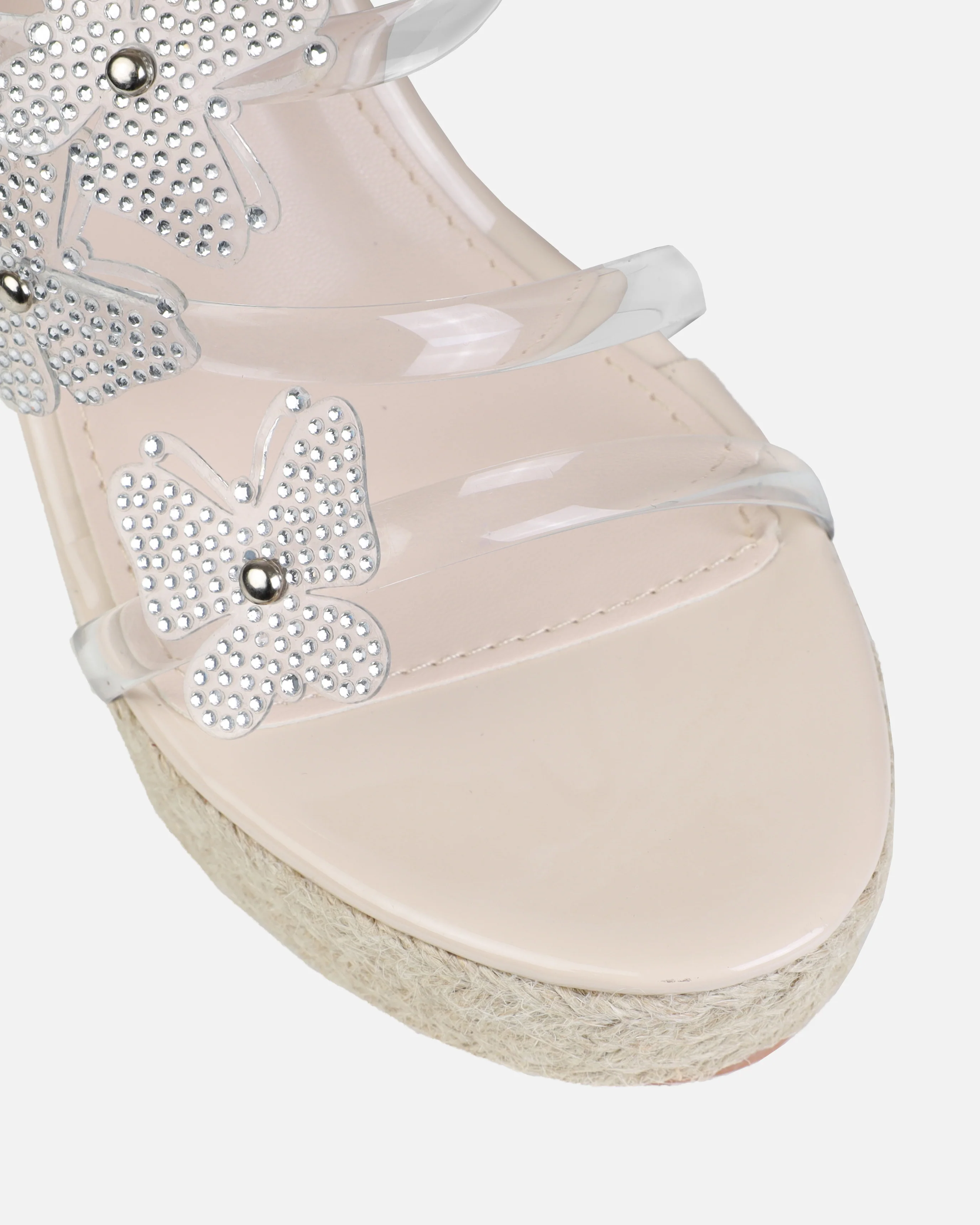 Uriel Stone Clear Diamante Butterfly Espadrille Mule Wedges - Image 4
