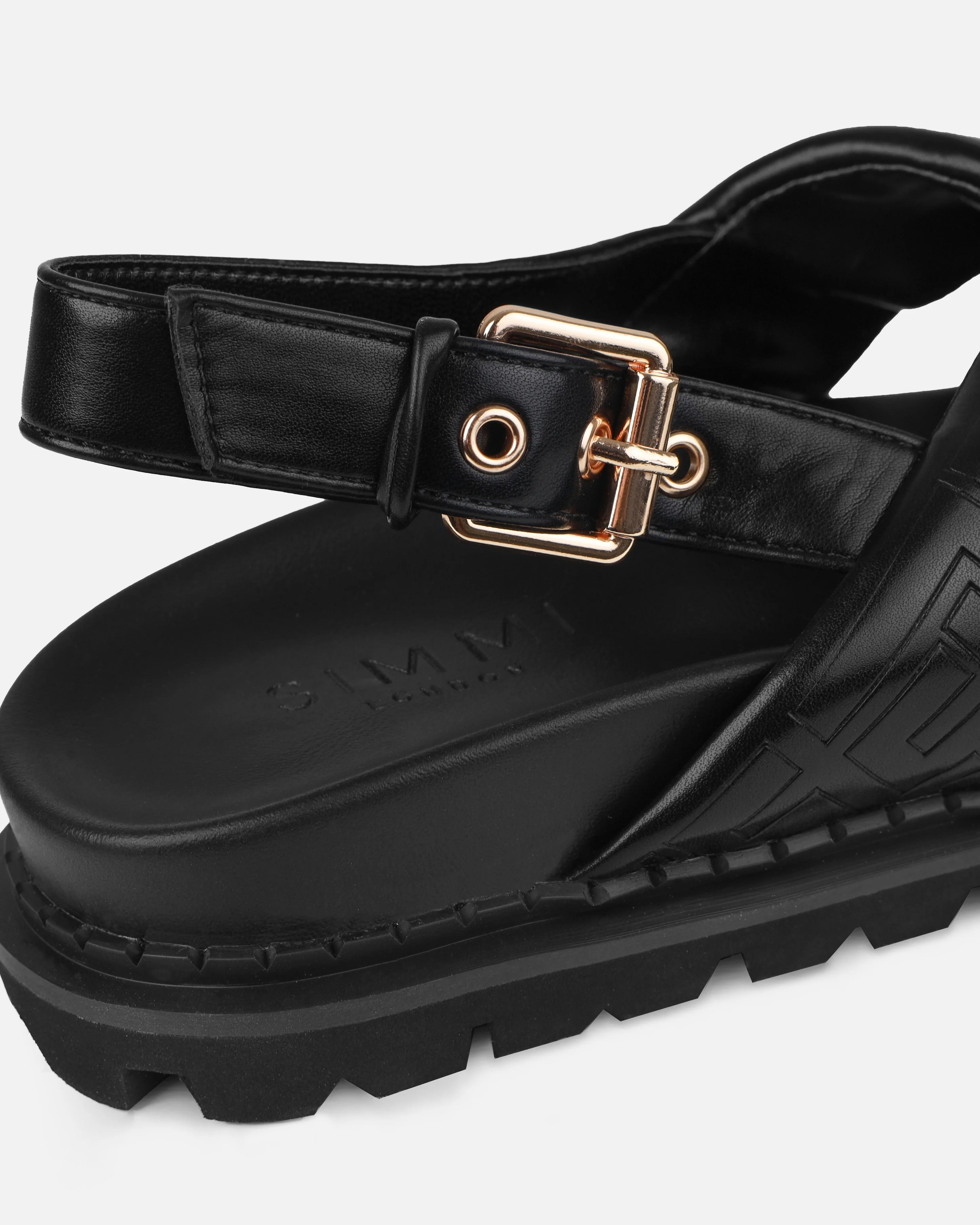 Vaia Black Embossed Cross Over Flat Sandals - Image 3
