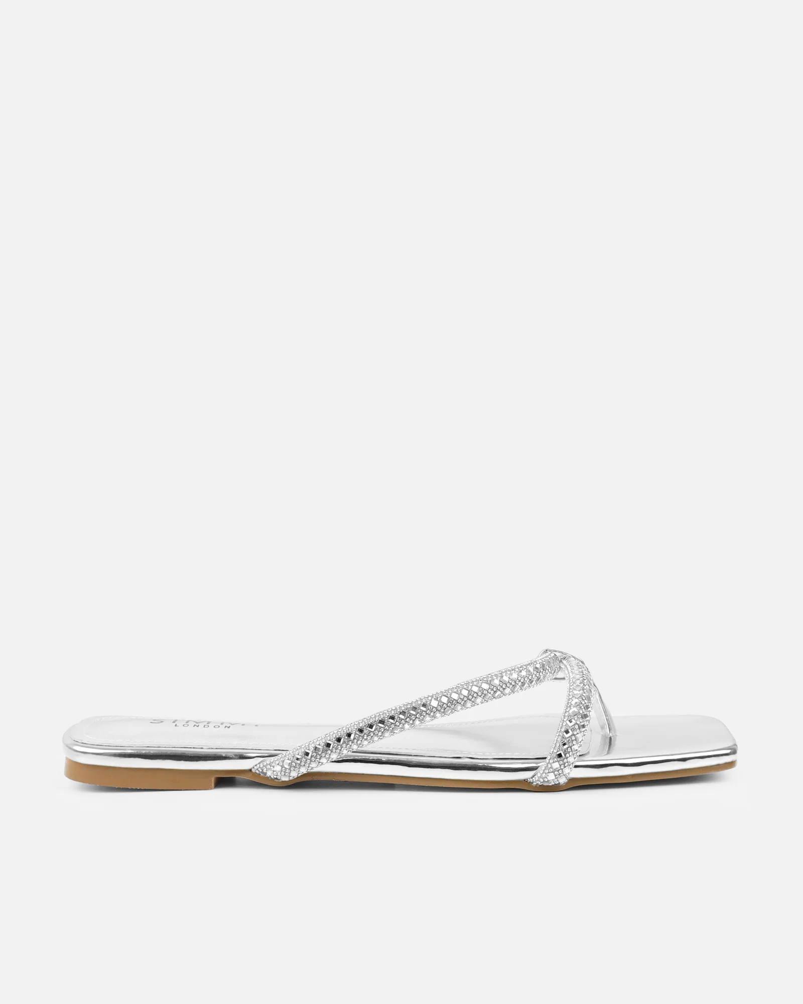 Visha Silver Mirror Effect Diamante Flat Sandals - Image 2