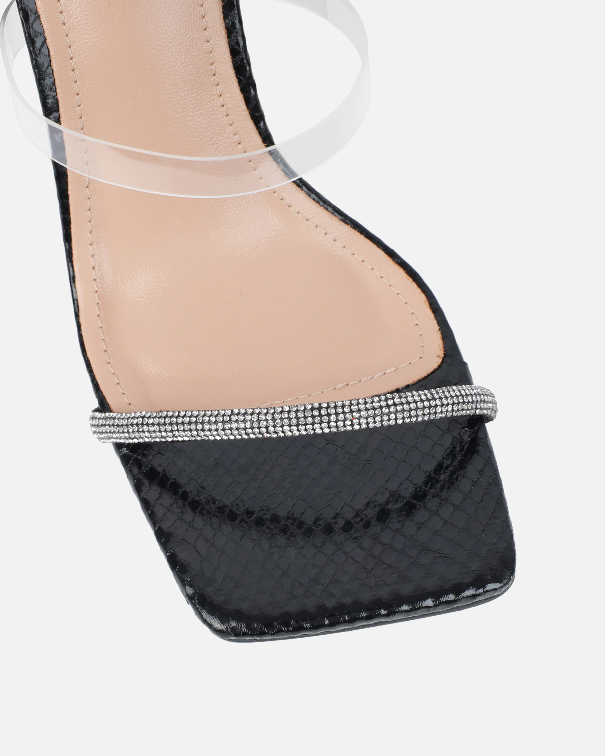 Zayla Clear Black Faux Snake Stiletto Heeled Sandals - Image 4