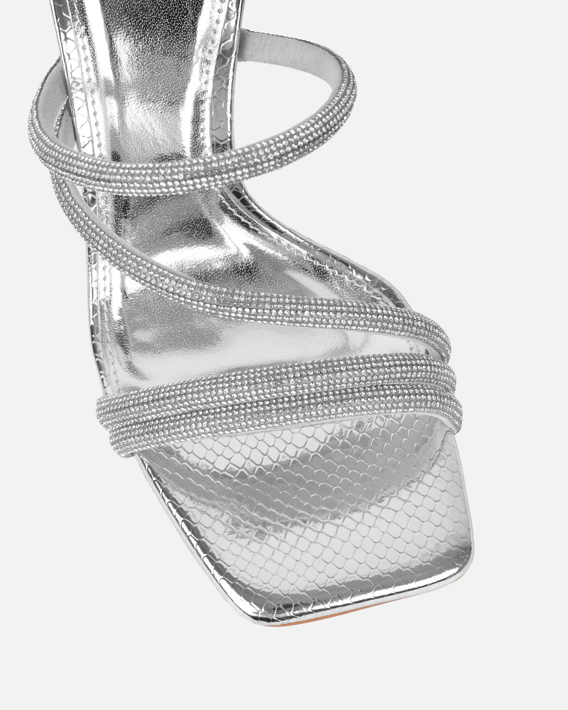 Zita Silver Metallic Snake Diamante Mid Heeled Mules - Image 4